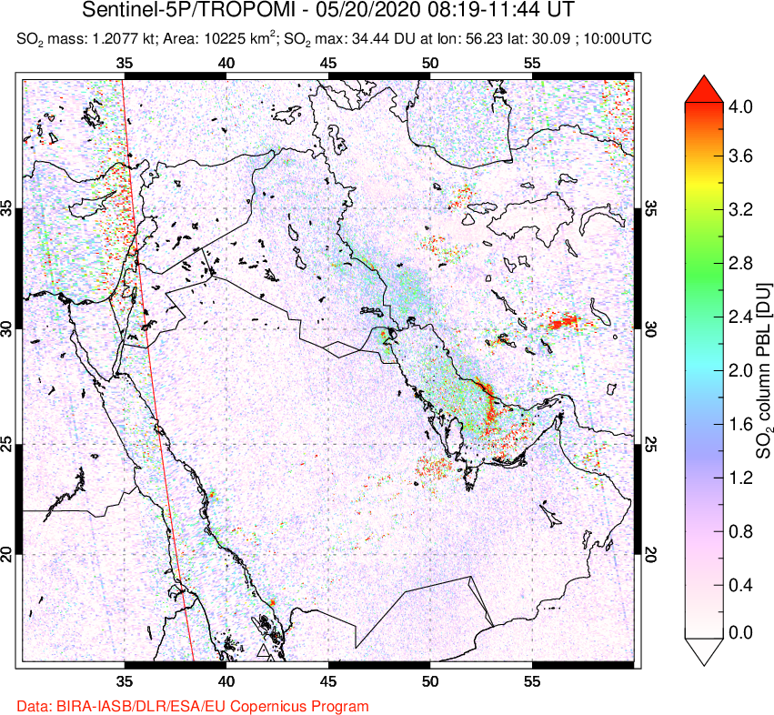 A sulfur dioxide image over Middle East on May 20, 2020.