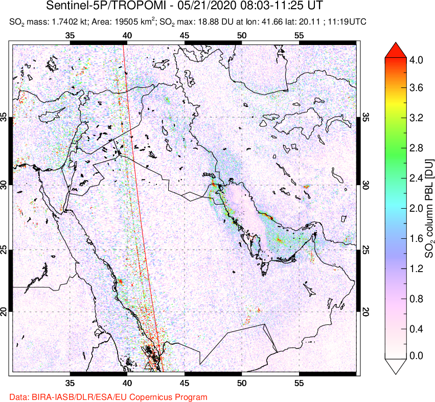 A sulfur dioxide image over Middle East on May 21, 2020.