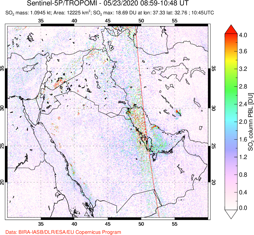 A sulfur dioxide image over Middle East on May 23, 2020.