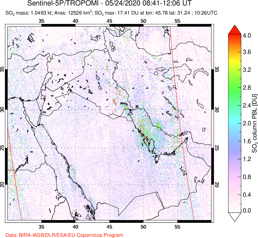 A sulfur dioxide image over Middle East on May 24, 2020.