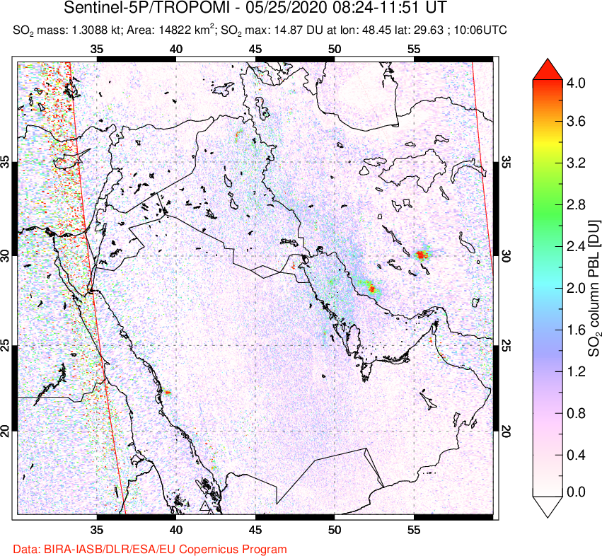 A sulfur dioxide image over Middle East on May 25, 2020.