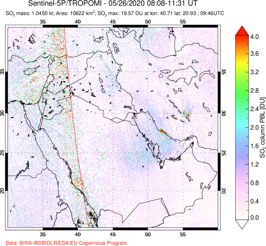 A sulfur dioxide image over Middle East on May 26, 2020.