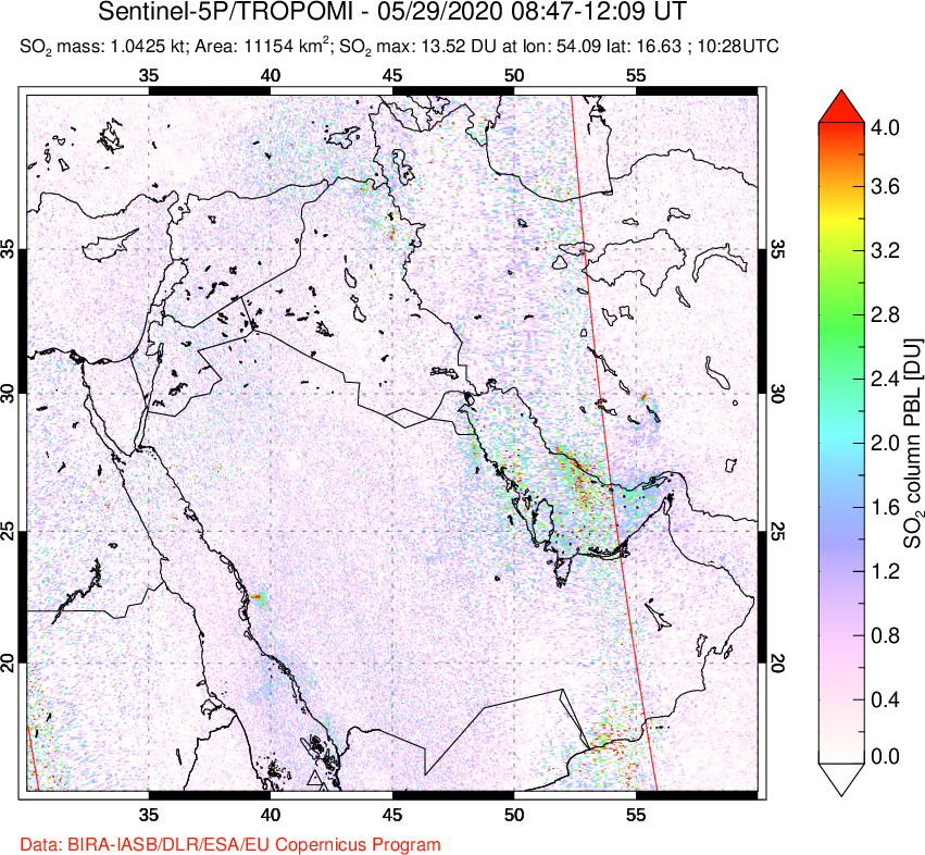 A sulfur dioxide image over Middle East on May 29, 2020.