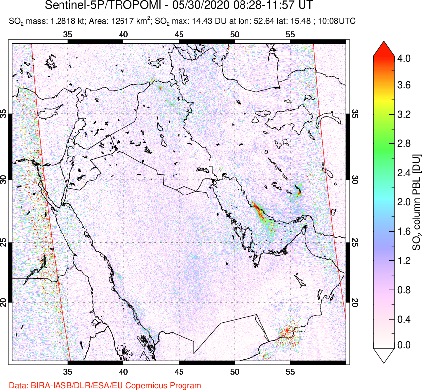 A sulfur dioxide image over Middle East on May 30, 2020.