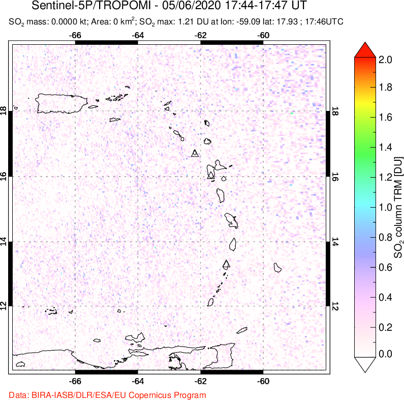 A sulfur dioxide image over Montserrat, West Indies on May 06, 2020.