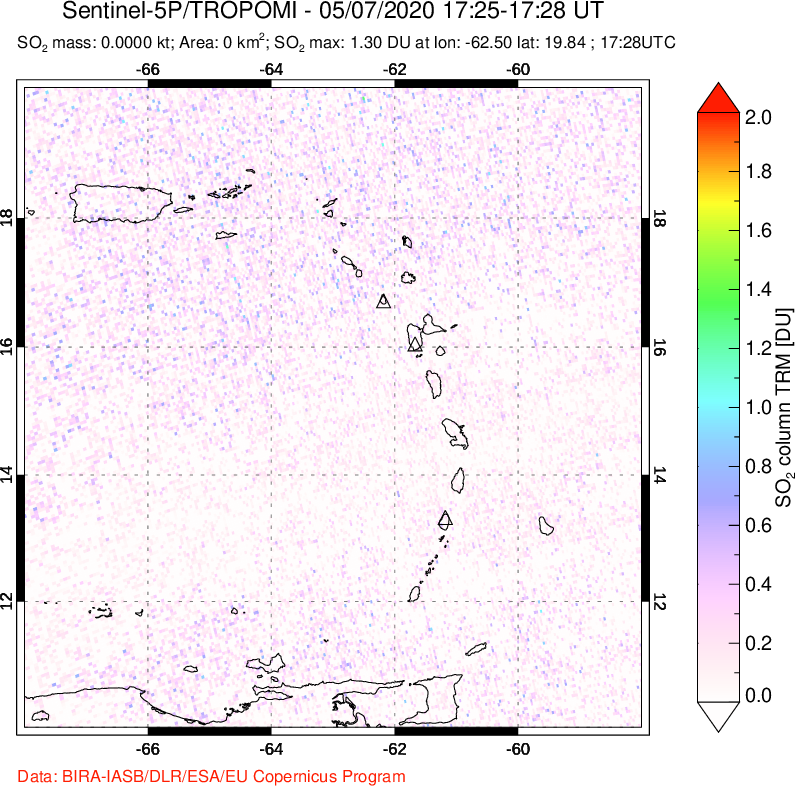 A sulfur dioxide image over Montserrat, West Indies on May 07, 2020.