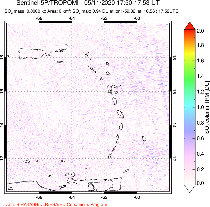 A sulfur dioxide image over Montserrat, West Indies on May 11, 2020.