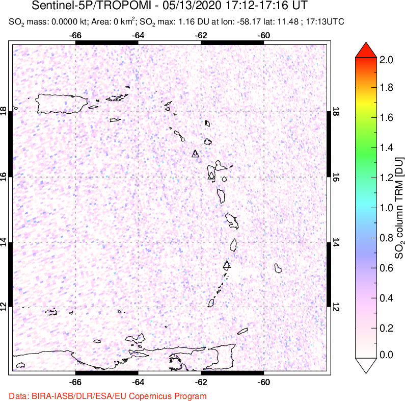 A sulfur dioxide image over Montserrat, West Indies on May 13, 2020.