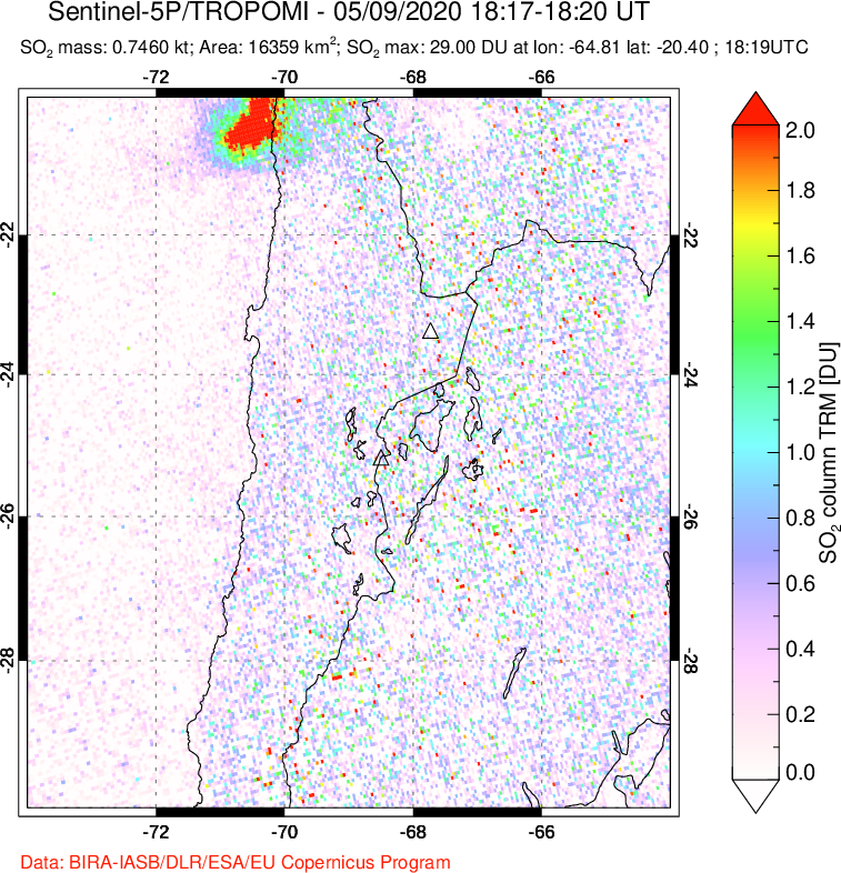 A sulfur dioxide image over Northern Chile on May 09, 2020.