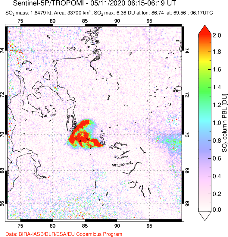 A sulfur dioxide image over Norilsk, Russian Federation on May 11, 2020.