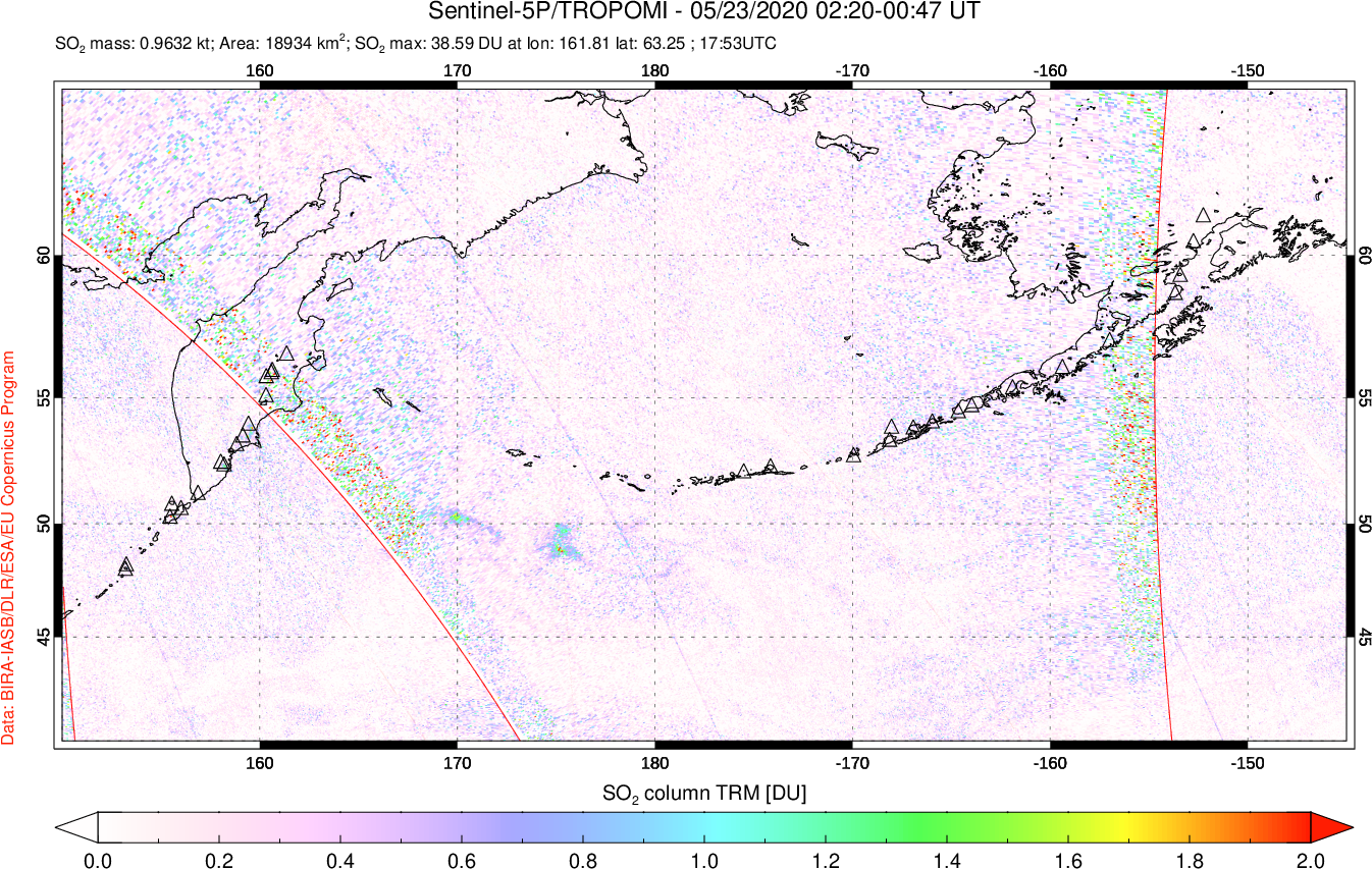 A sulfur dioxide image over North Pacific on May 23, 2020.