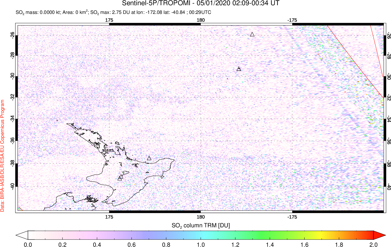 A sulfur dioxide image over New Zealand on May 01, 2020.