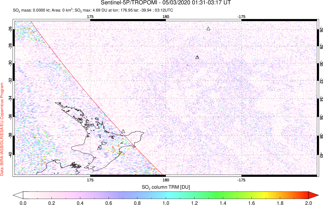 A sulfur dioxide image over New Zealand on May 03, 2020.