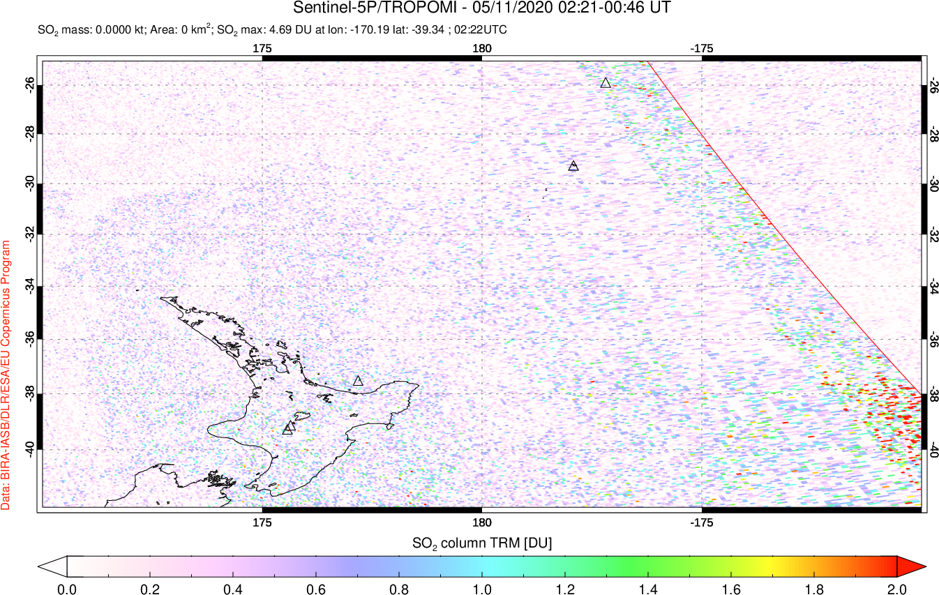 A sulfur dioxide image over New Zealand on May 11, 2020.