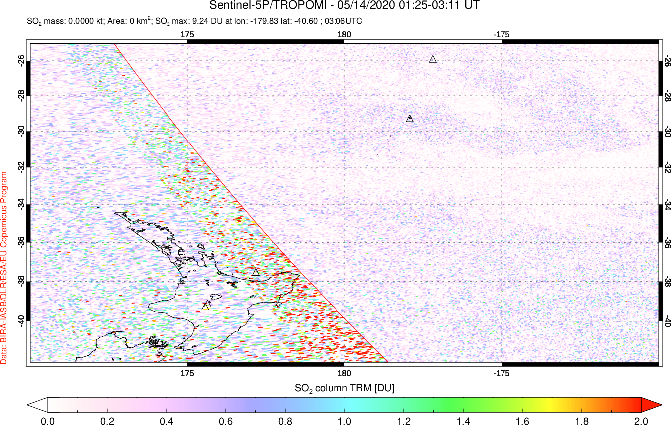 A sulfur dioxide image over New Zealand on May 14, 2020.