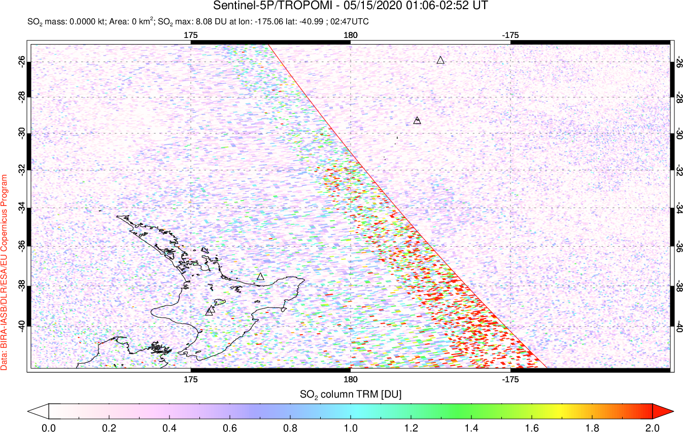 A sulfur dioxide image over New Zealand on May 15, 2020.