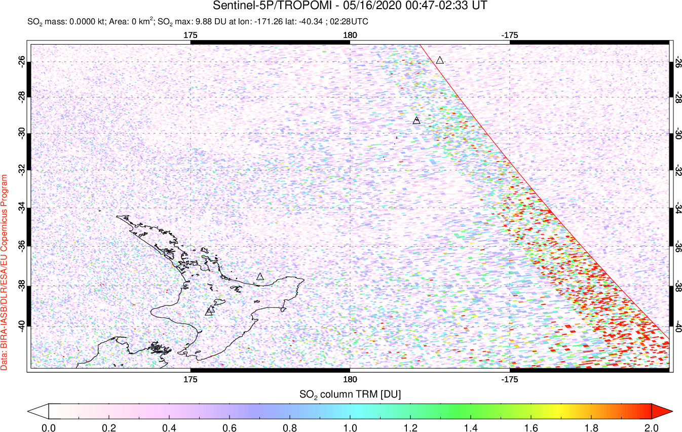 A sulfur dioxide image over New Zealand on May 16, 2020.