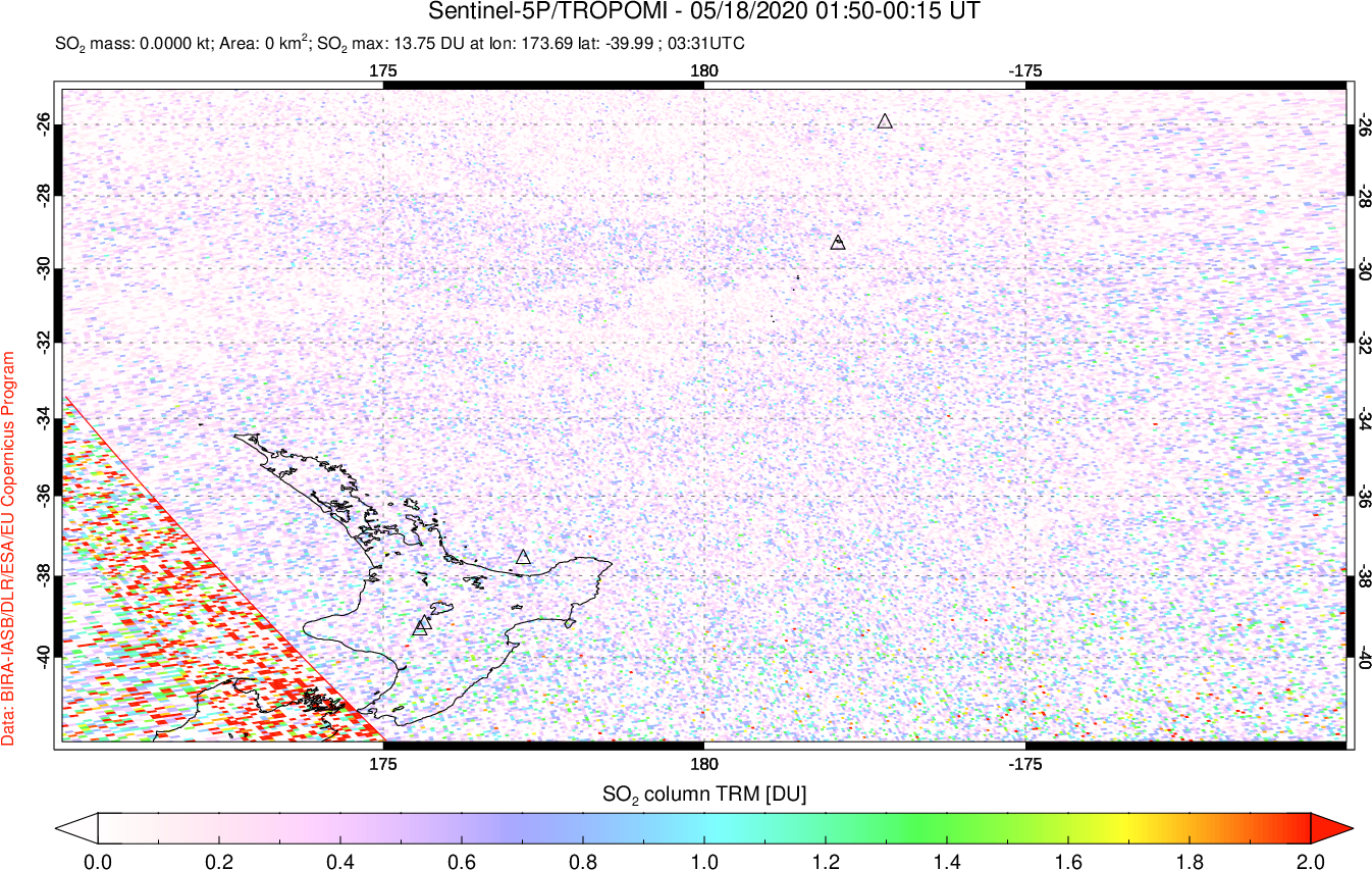 A sulfur dioxide image over New Zealand on May 18, 2020.