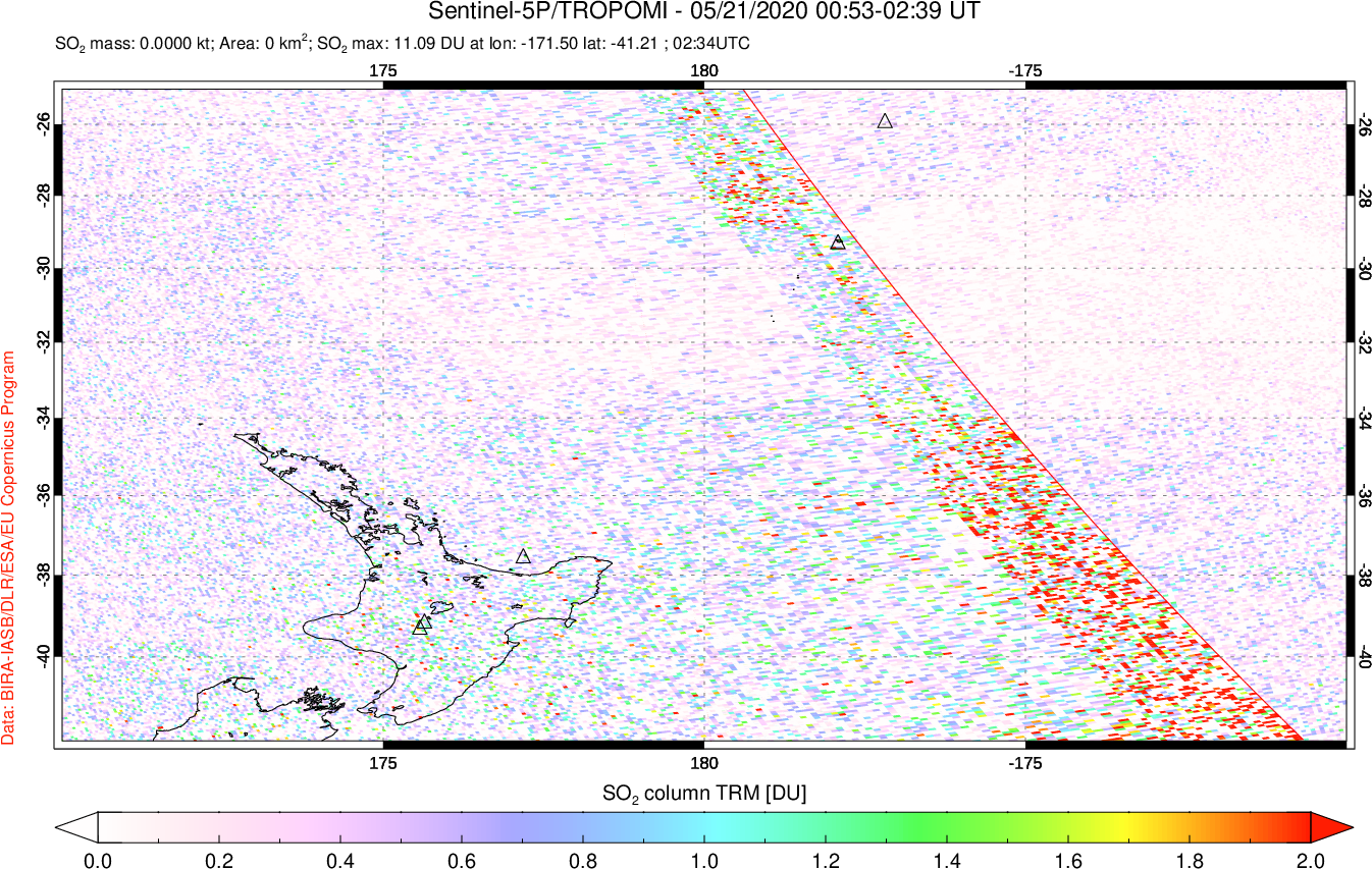 A sulfur dioxide image over New Zealand on May 21, 2020.