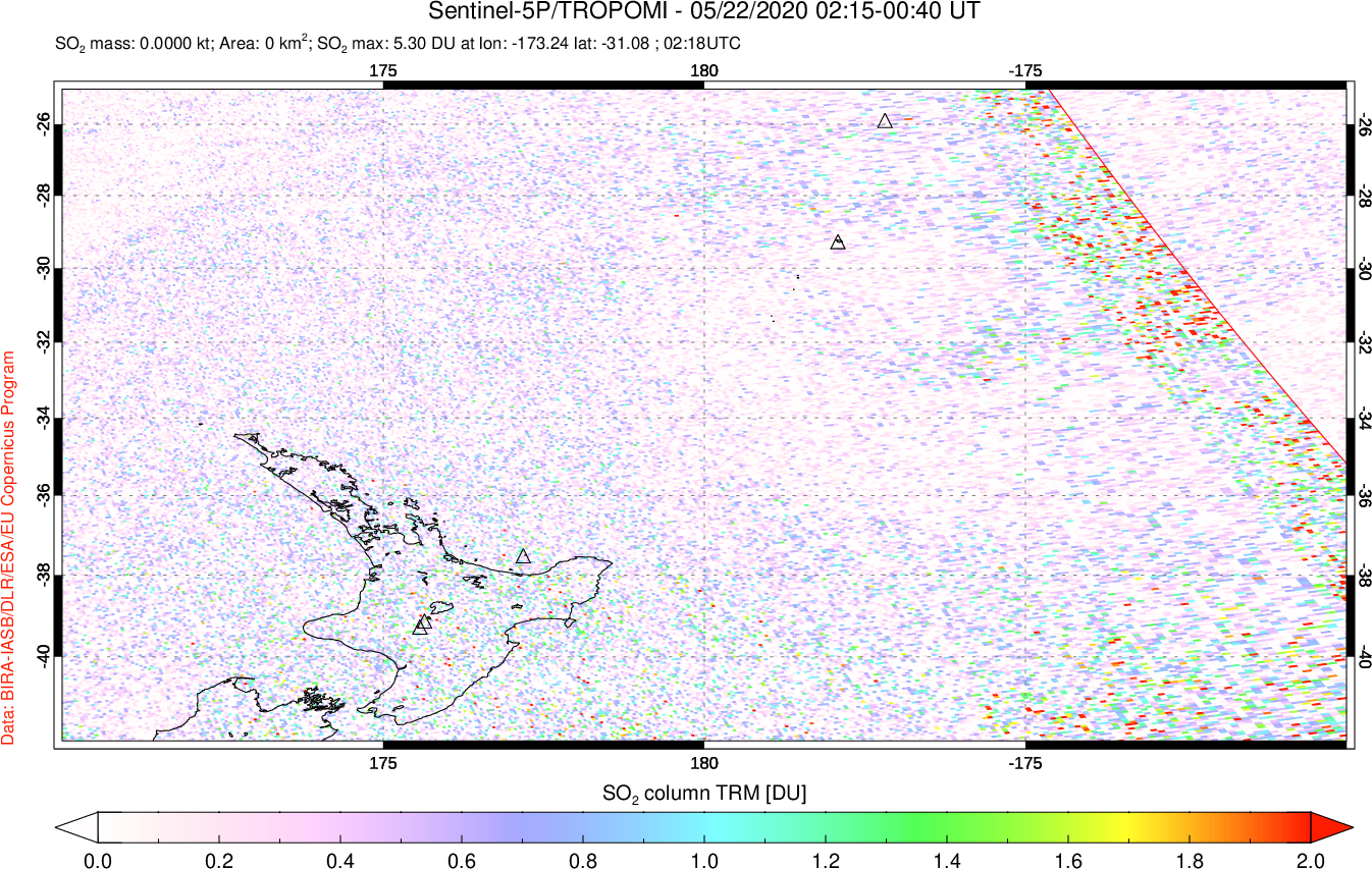 A sulfur dioxide image over New Zealand on May 22, 2020.