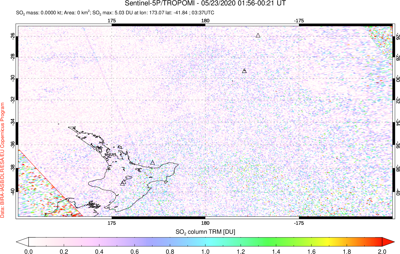 A sulfur dioxide image over New Zealand on May 23, 2020.