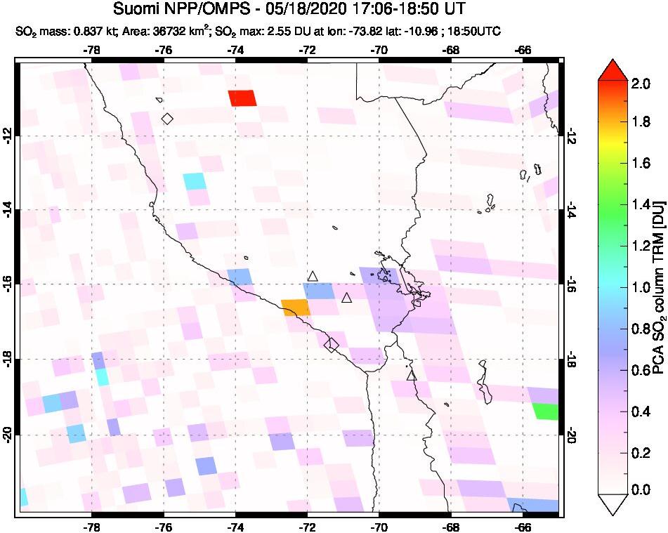 A sulfur dioxide image over Peru on May 18, 2020.
