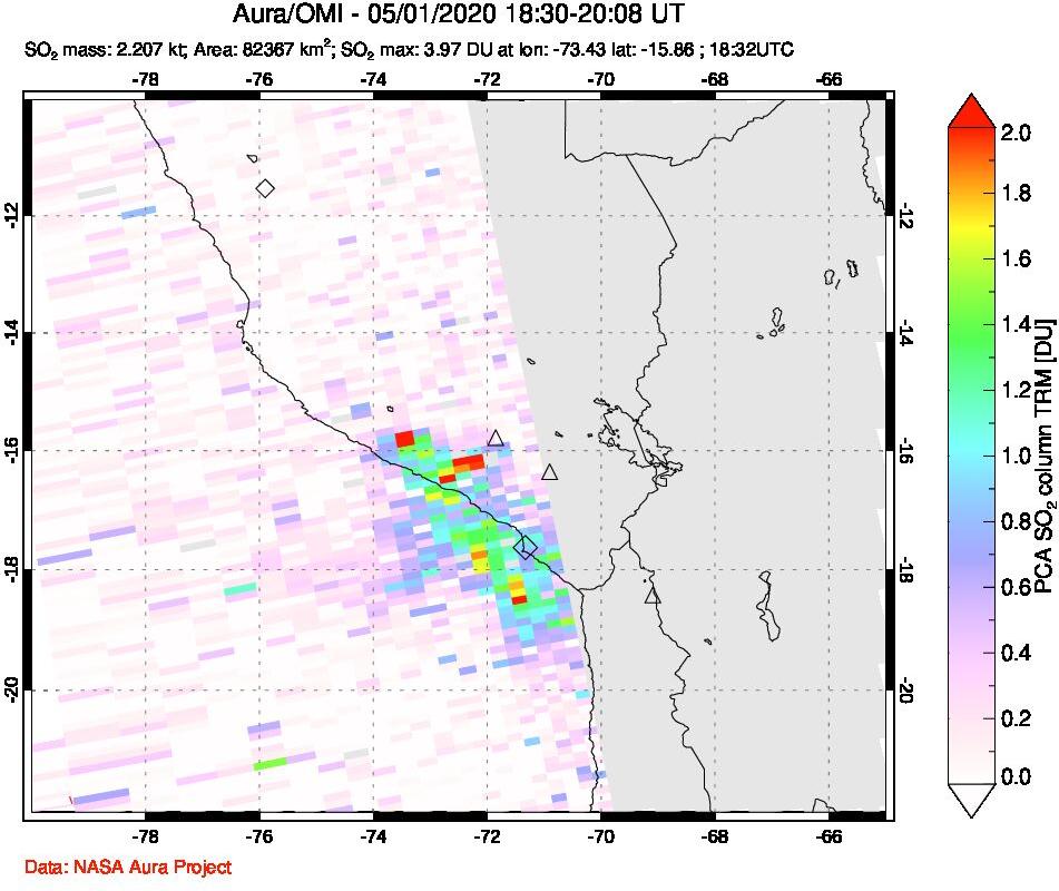 A sulfur dioxide image over Peru on May 01, 2020.