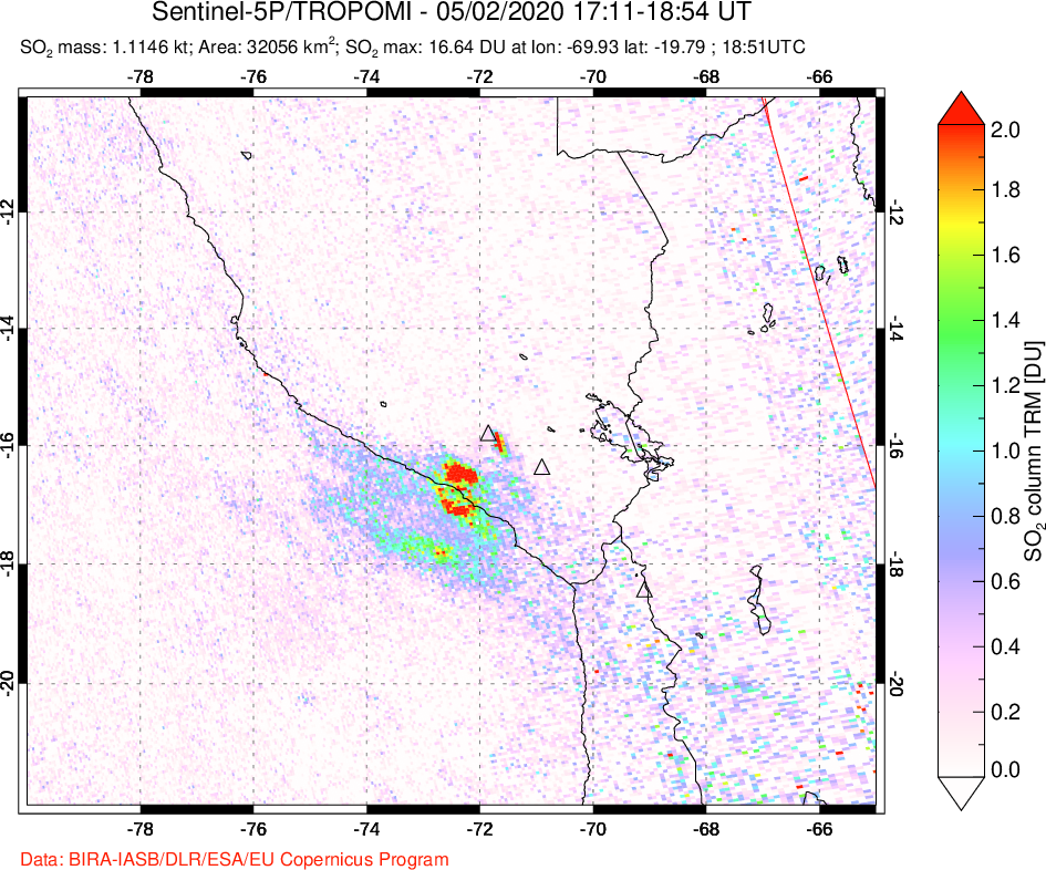 A sulfur dioxide image over Peru on May 02, 2020.