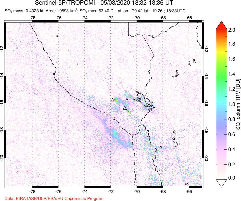 A sulfur dioxide image over Peru on May 03, 2020.