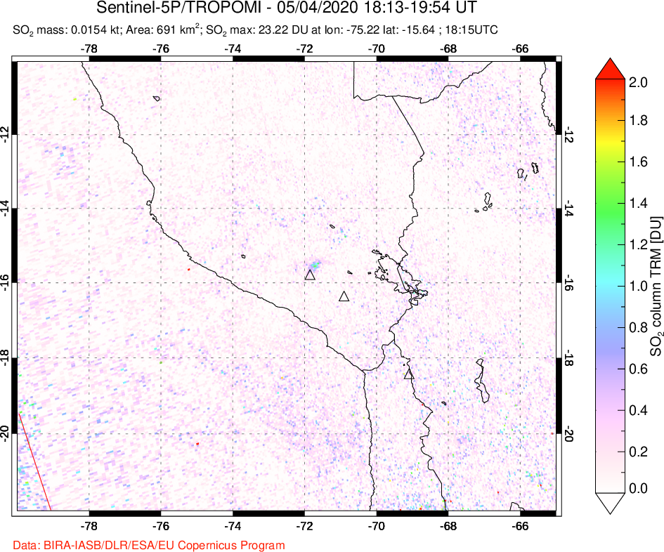 A sulfur dioxide image over Peru on May 04, 2020.