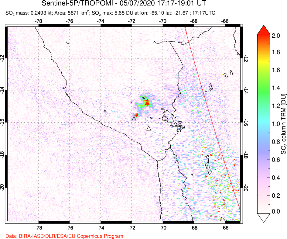 A sulfur dioxide image over Peru on May 07, 2020.
