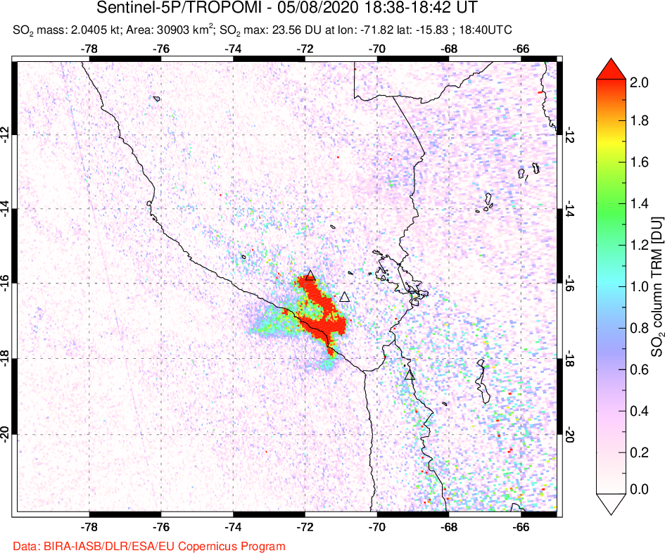 A sulfur dioxide image over Peru on May 08, 2020.