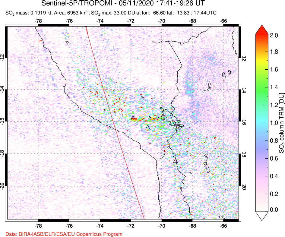 A sulfur dioxide image over Peru on May 11, 2020.