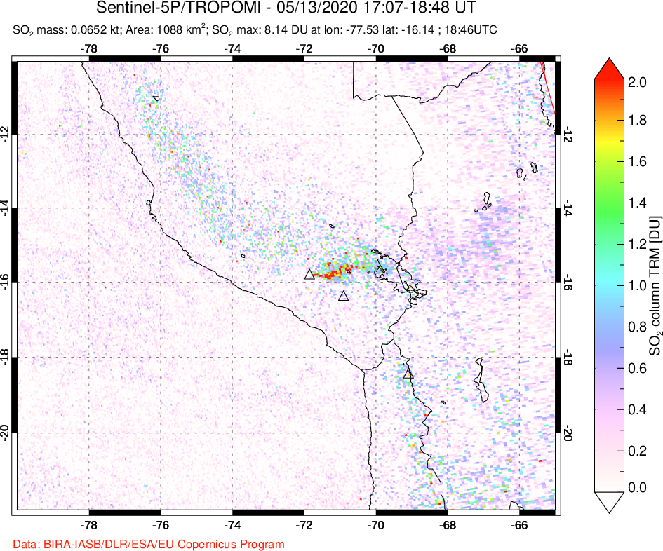 A sulfur dioxide image over Peru on May 13, 2020.