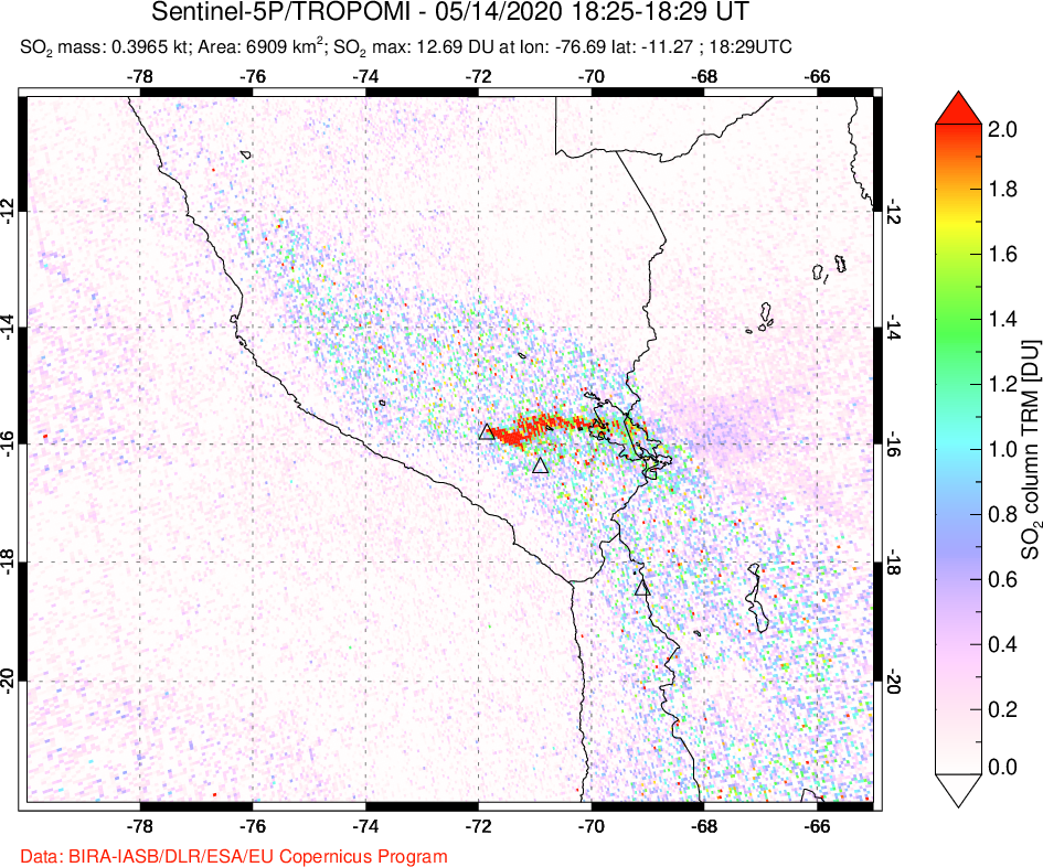 A sulfur dioxide image over Peru on May 14, 2020.