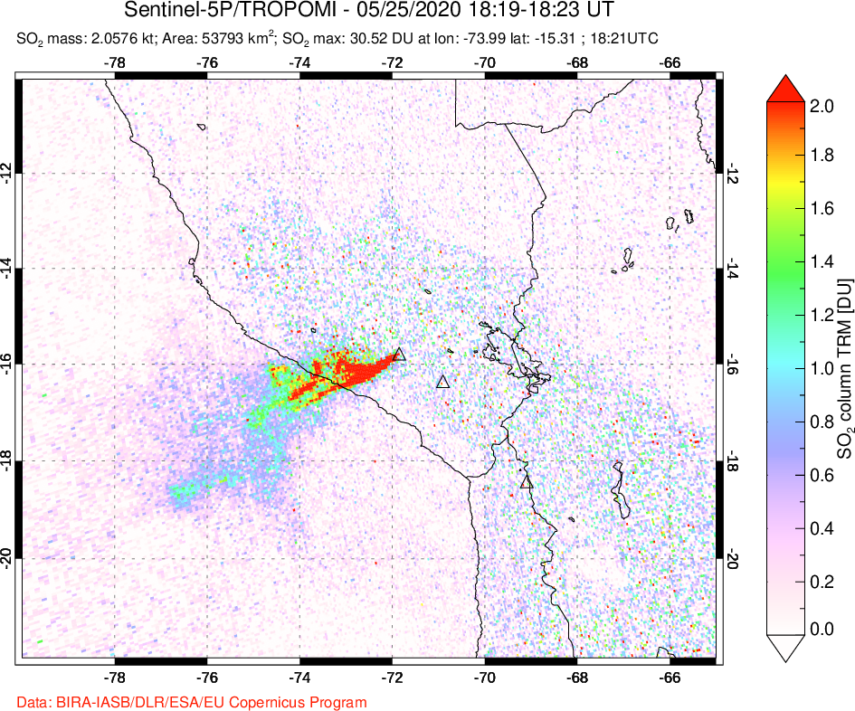 A sulfur dioxide image over Peru on May 25, 2020.