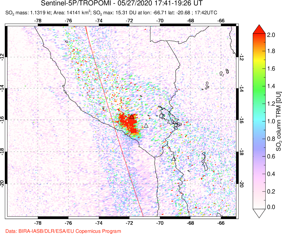A sulfur dioxide image over Peru on May 27, 2020.