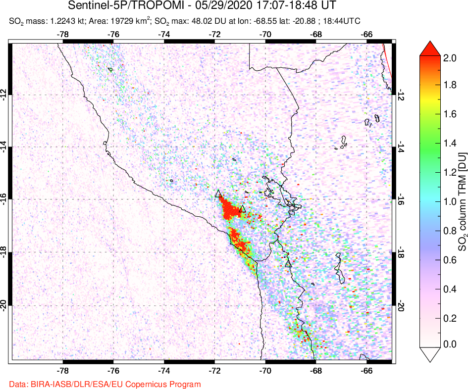 A sulfur dioxide image over Peru on May 29, 2020.