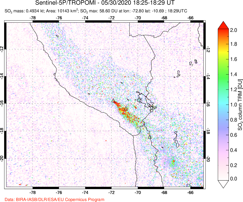 A sulfur dioxide image over Peru on May 30, 2020.
