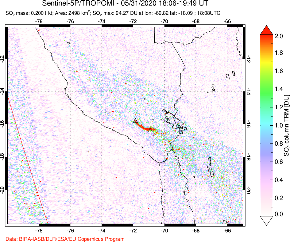 A sulfur dioxide image over Peru on May 31, 2020.