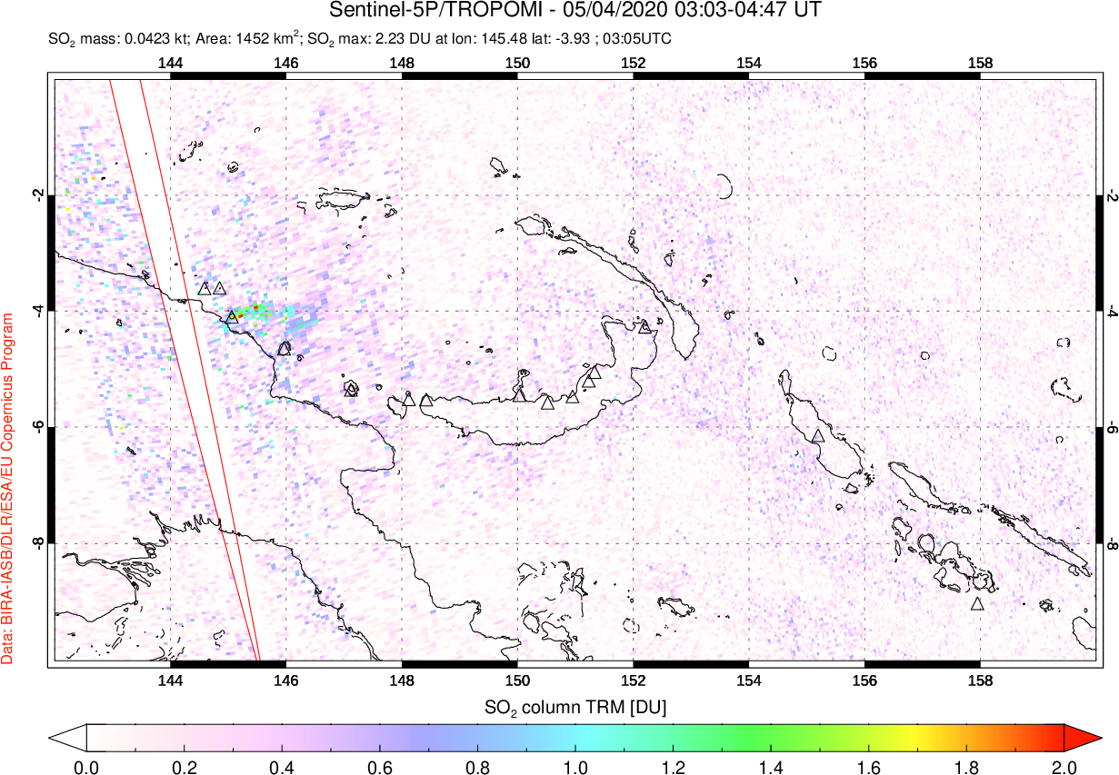 A sulfur dioxide image over Papua, New Guinea on May 04, 2020.