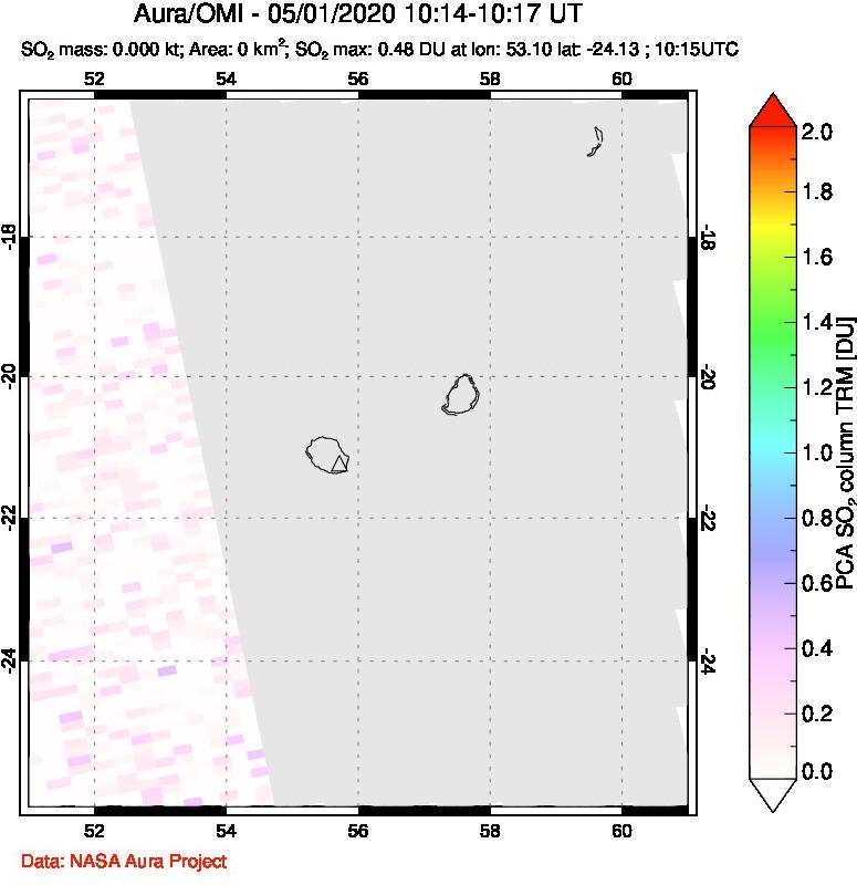 A sulfur dioxide image over Reunion Island, Indian Ocean on May 01, 2020.
