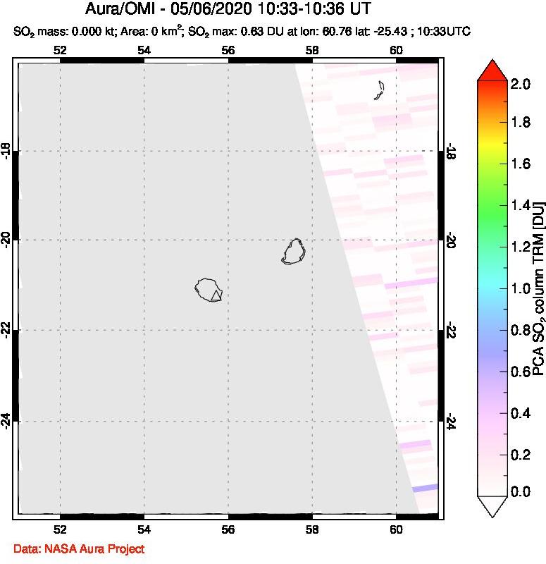A sulfur dioxide image over Reunion Island, Indian Ocean on May 06, 2020.