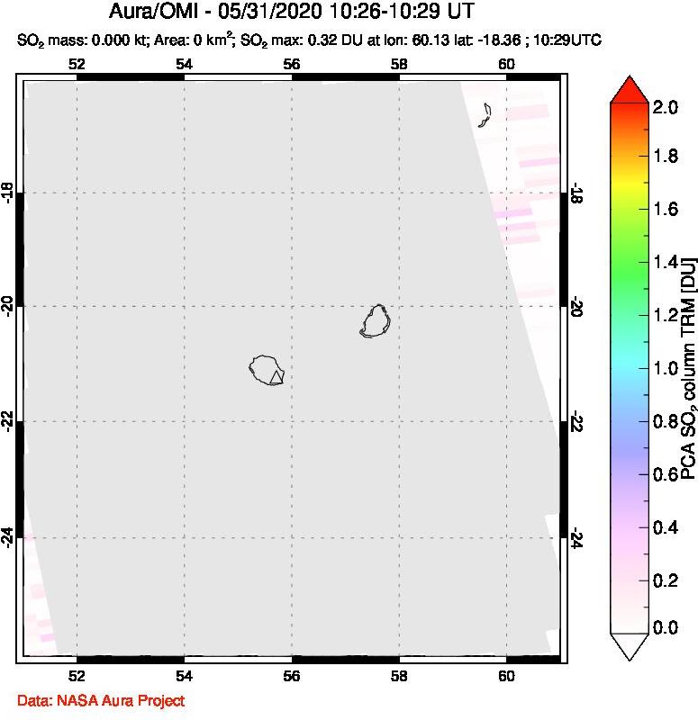 A sulfur dioxide image over Reunion Island, Indian Ocean on May 31, 2020.