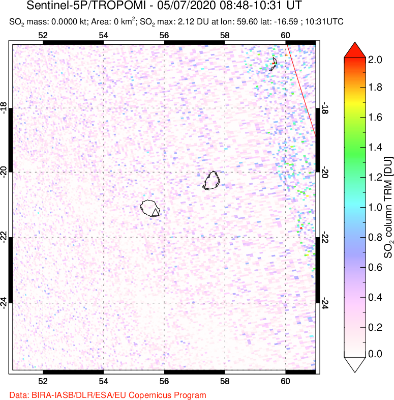 A sulfur dioxide image over Reunion Island, Indian Ocean on May 07, 2020.