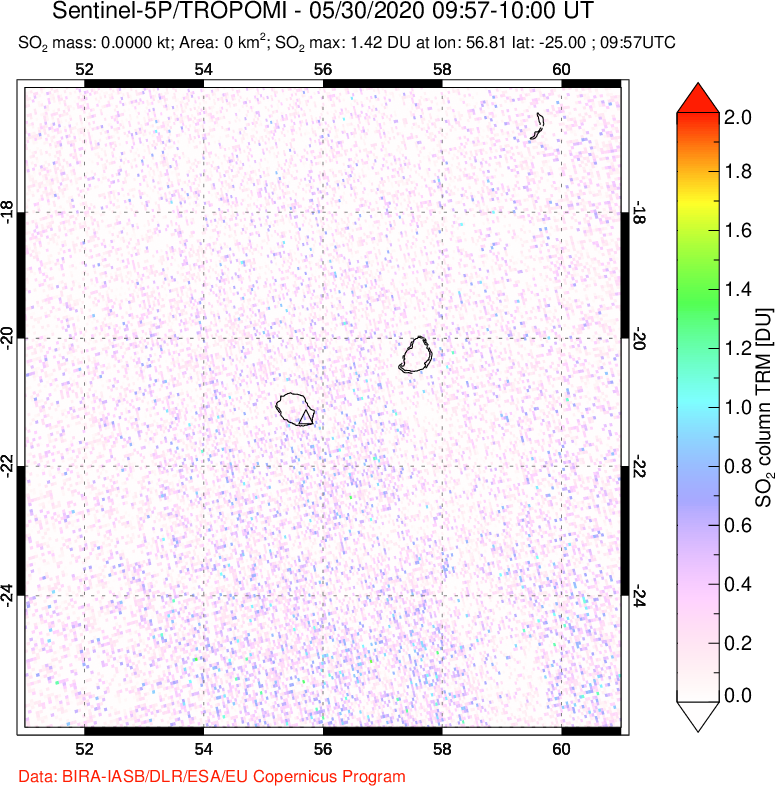 A sulfur dioxide image over Reunion Island, Indian Ocean on May 30, 2020.