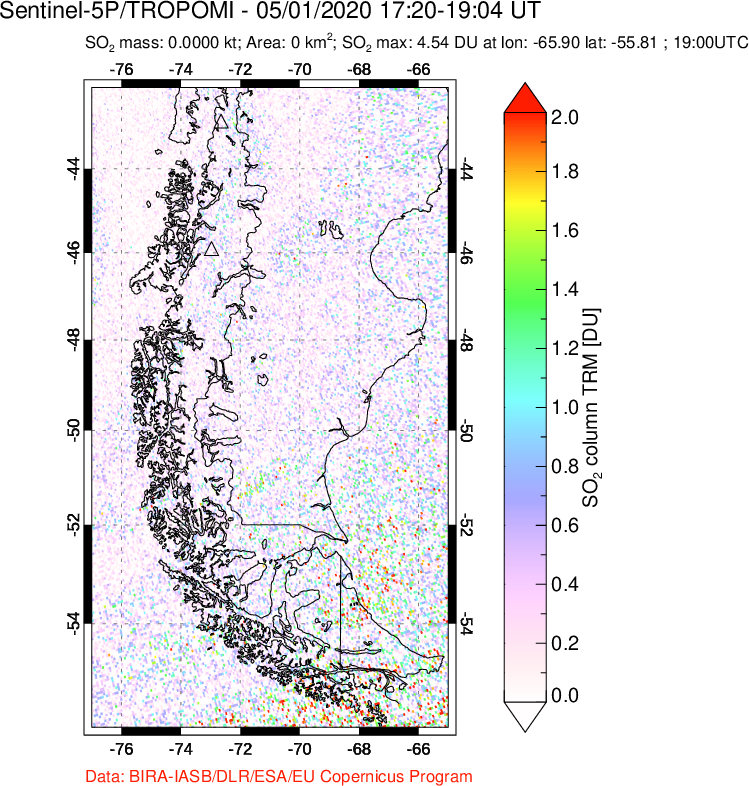 A sulfur dioxide image over Southern Chile on May 01, 2020.