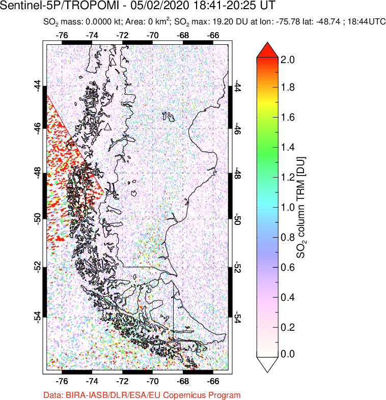 A sulfur dioxide image over Southern Chile on May 02, 2020.