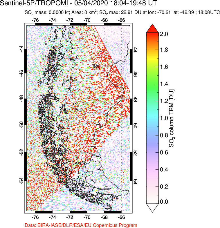 A sulfur dioxide image over Southern Chile on May 04, 2020.