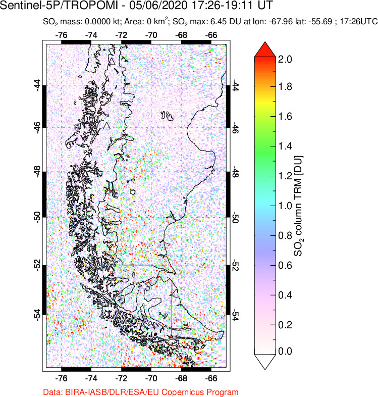 A sulfur dioxide image over Southern Chile on May 06, 2020.